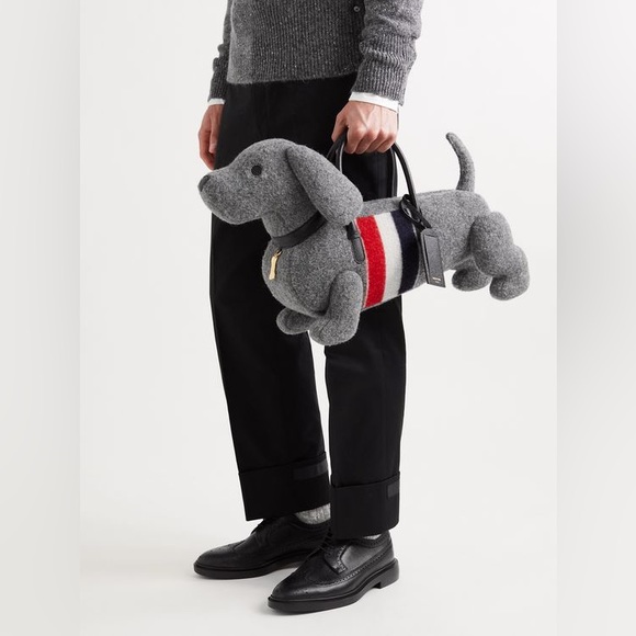 THOM BROWNE GREY BOILED WOOL STRIPE HECTOR BAG TOTE RED NAVY LARGE XL - Picture 3 of 15